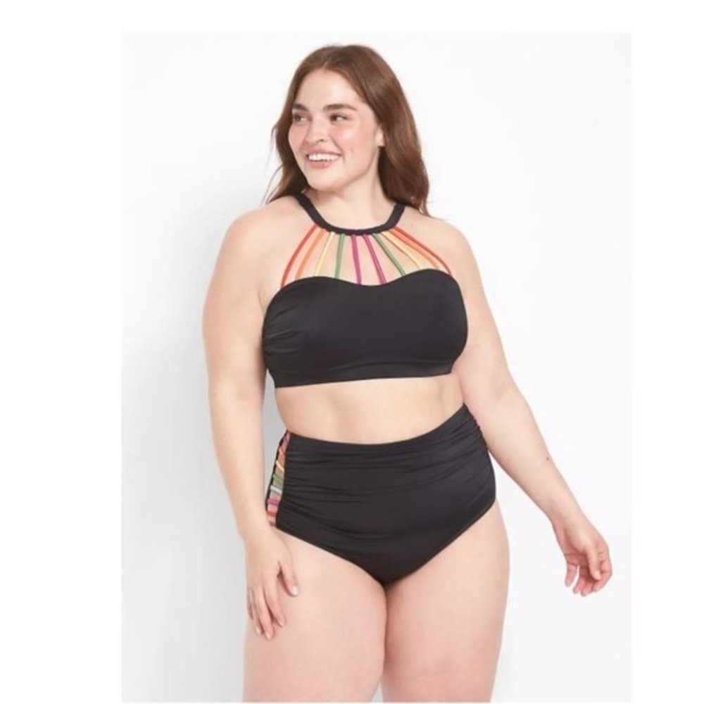 Cacique High Neck Rainbow‎ Bikini & Ruched Strappy Brief Size 34 NWT